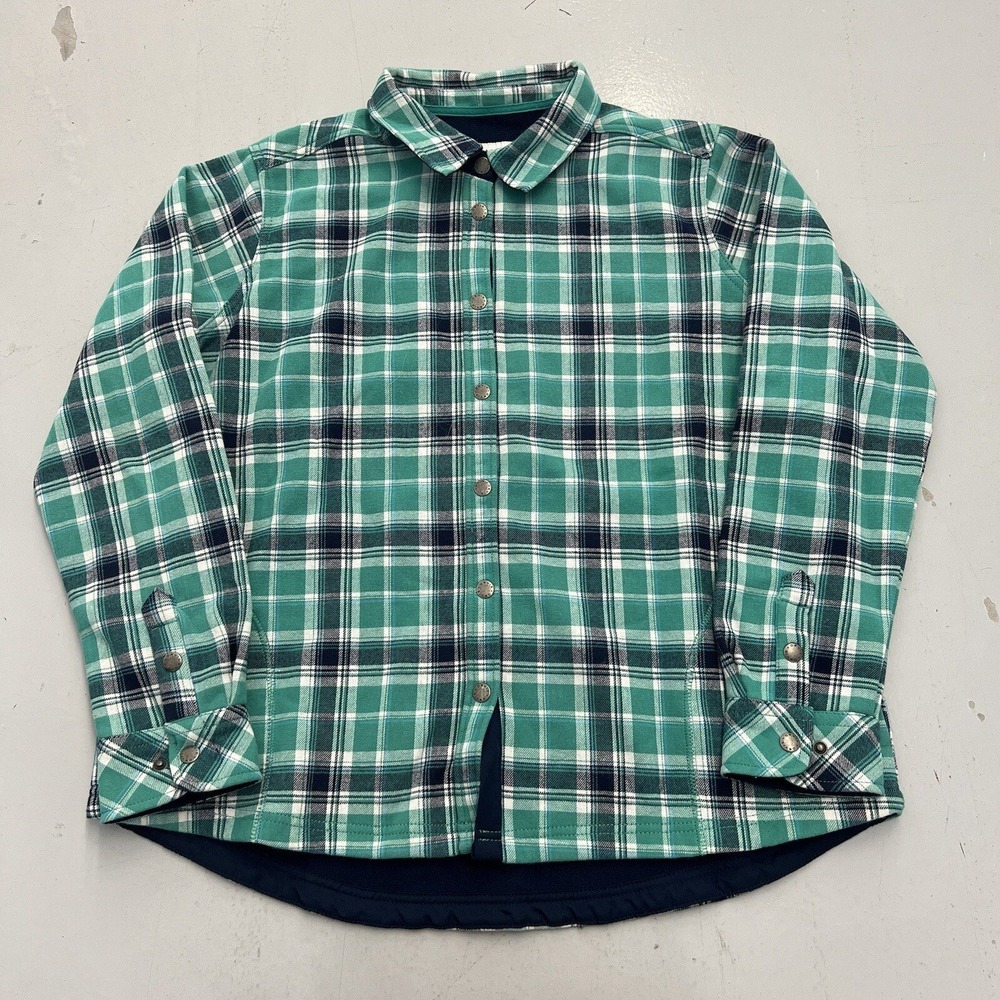 Orvis Women XL Green Plaid Fleece Lined Shirt Jacket Snap Front Shacket